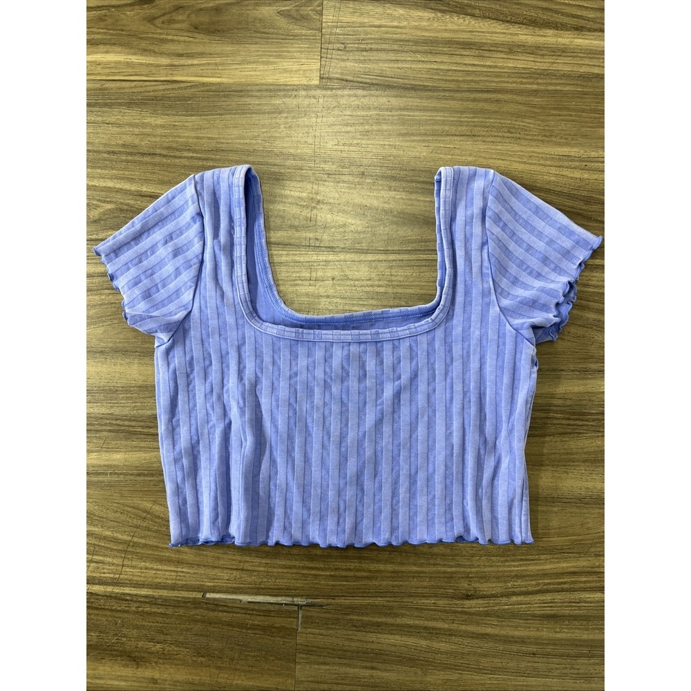 Offline Aerie Periwinkle Purple Groovy Ribbed Square Neck Short Sleeve Crop L